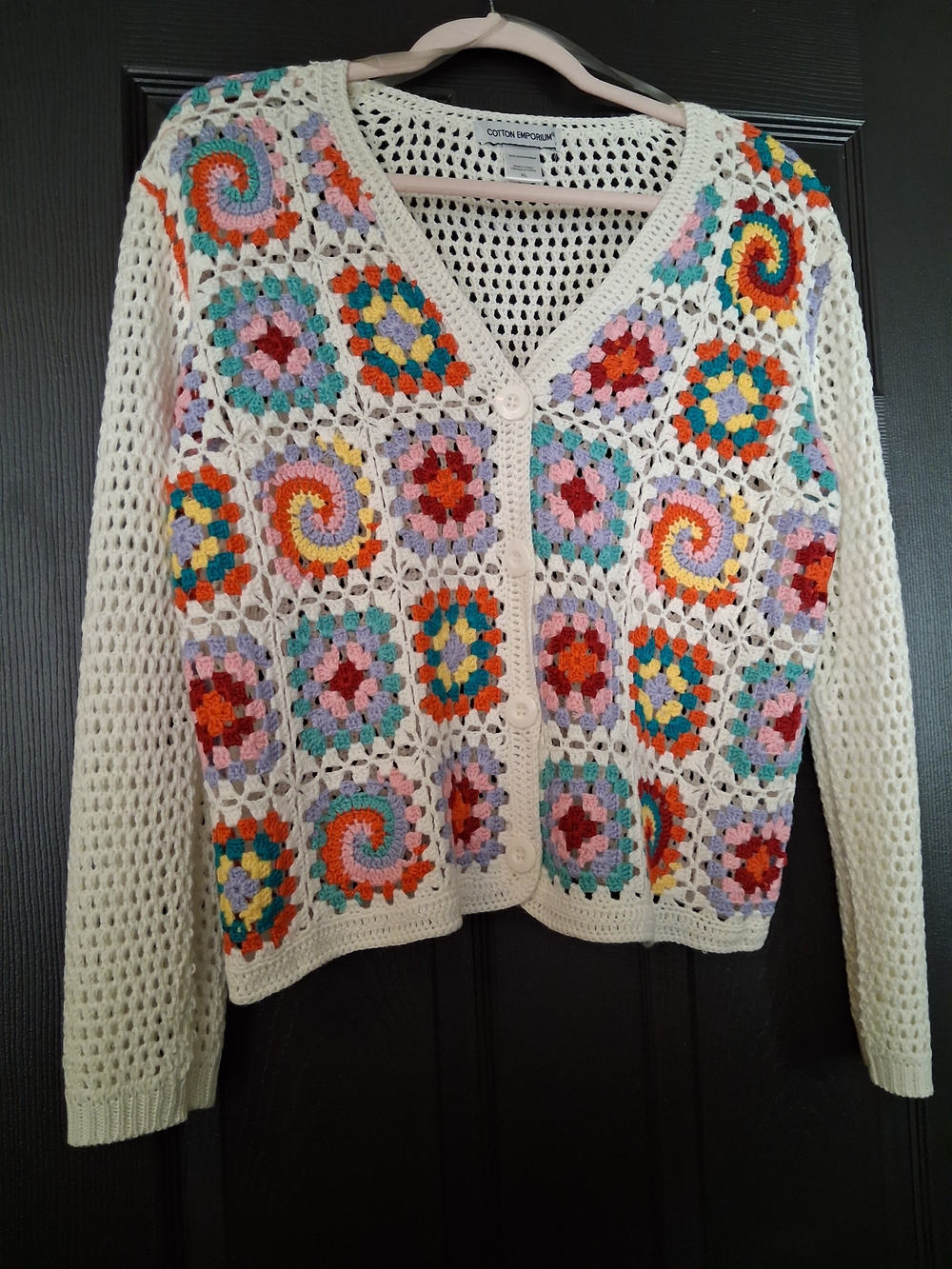 Cotton Emporium Crochet Granny-Square Cardigan - Cream with Multicolor Accents
